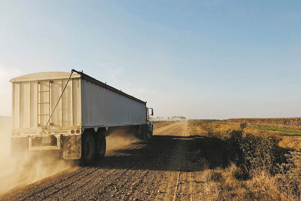 a trailer of seed leaving of the farm!